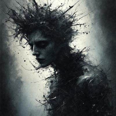 The primary subject of the image is a woman with a wild and untamed appearance. She has a dark, gothic look with a mix of black and white colors. The setting is a dark, moody environment, possibly a forest or a cave. The visual style is a combination of digital art and illustration, creating a surreal and intriguing scene. The woman's expression and the overall atmosphere convey a sense of mystery and intensity.